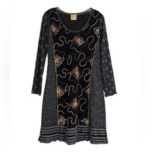 Hand Jive Wearable Art Dress Embroidered Floral Polka Dot Striped Tunic XS